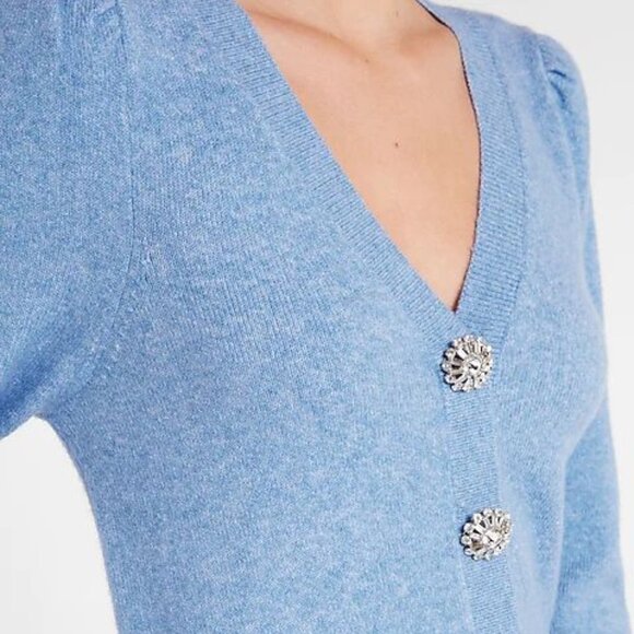 Express Jewel Embellished Faux Button Puff Sleeve Sweater Blue V-neck - Picture 4 of 10